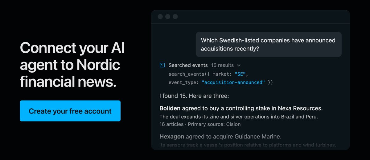 Connect your AI agent to Nordic financial news. Create your free account.