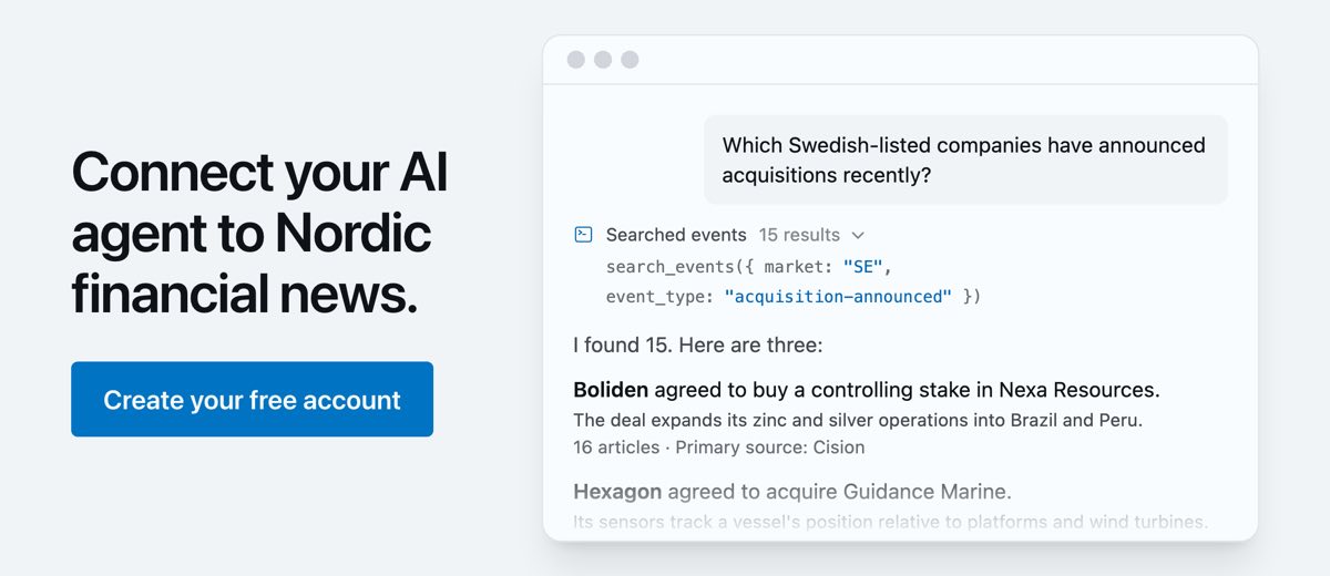 Connect your AI agent to Nordic financial news. Create your free account.